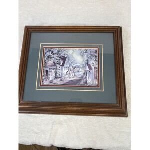 Vintage 3D Paper Tole Shadowbox Framed Seaside Village Scene Antiques Shop Ships